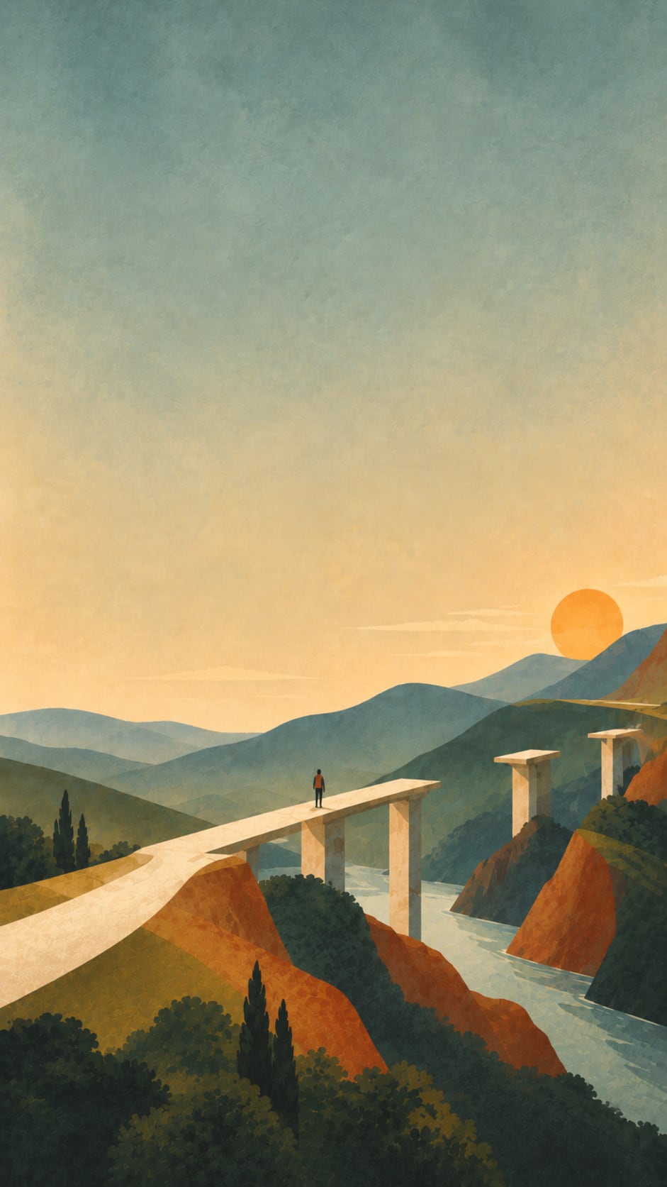 The traveler has stepped out onto the first finished span of the stone bridge, high above the river, with the remaining pillars leading on toward the setting sun.
