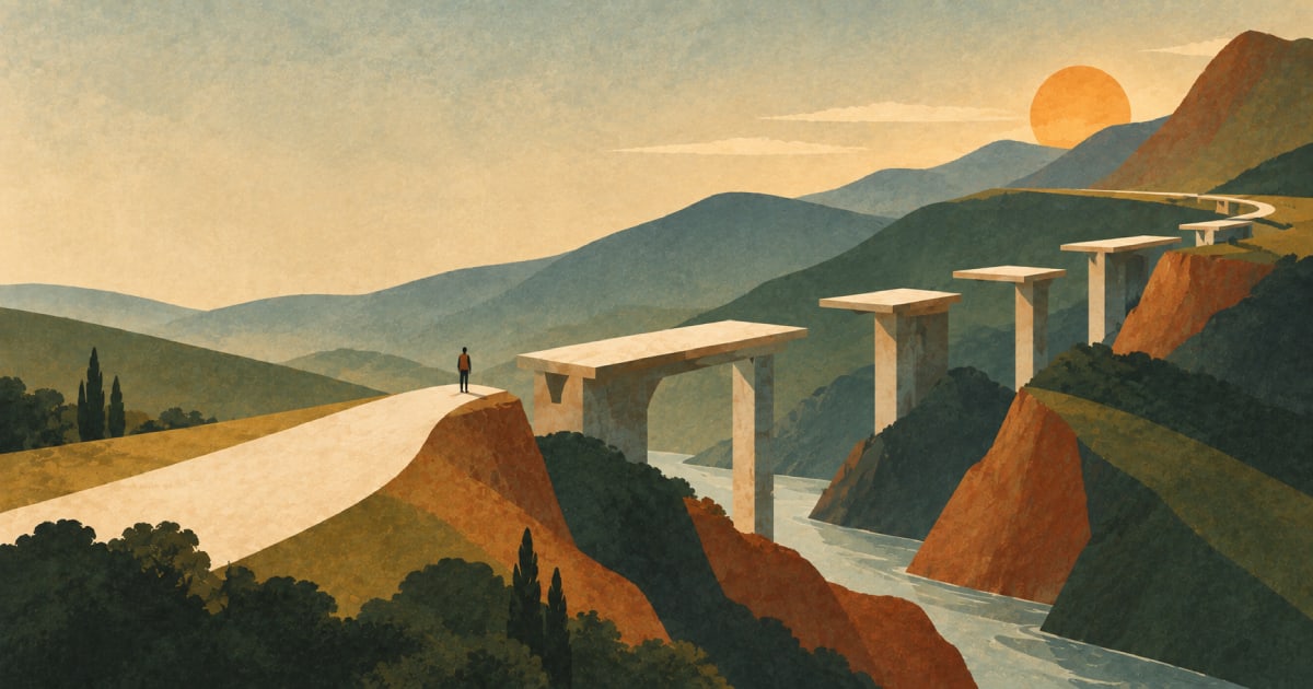 Stylized landscape at sunset: a lone traveler stands where a cream path ends at a cliff edge, facing an unfinished stone bridge whose pillars step across a river gorge toward the hills.