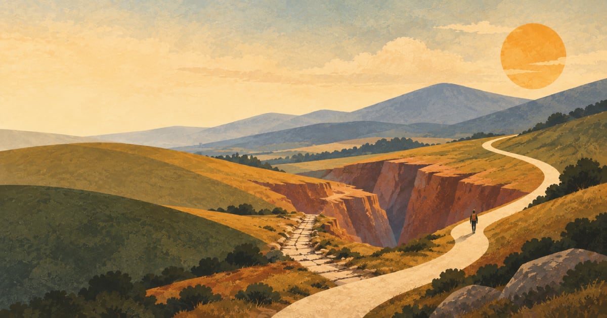 Stylized late-afternoon landscape: a small traveler walks a cream path that curves around a deep clay canyon, past an older stone track that ends where the slope washed away, with hills and a low sun beyond.