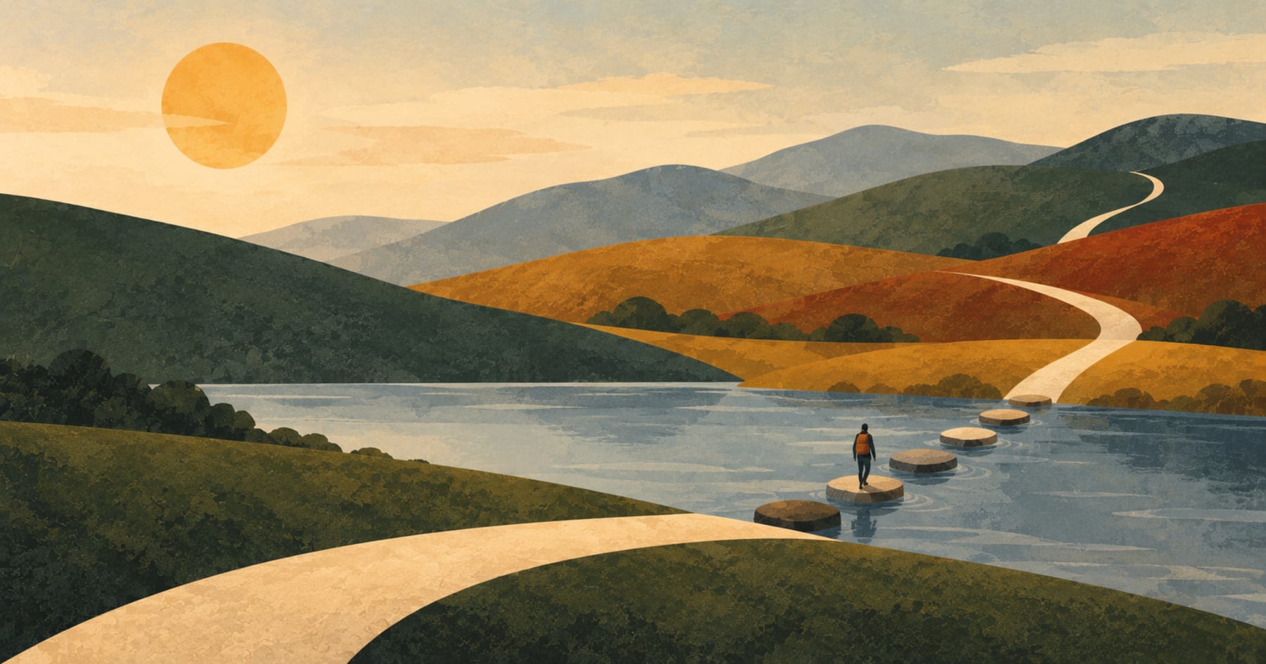 Stylized landscape of green and rust hills along a river; a worn cream road runs along the near bank while a lone traveler crosses the water on flat stepping stones toward a fainter path into the hills.